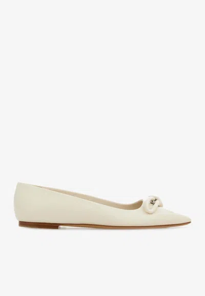 Ferragamo Annie Asymmetric Bow Ballet Flats In Cream