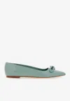 Ferragamo Bow-detailing Leather Ballerina Shoes In Sage