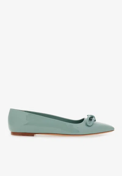 Ferragamo Bow-detailing Leather Ballerina Shoes In Sage