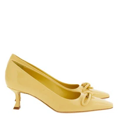 Ferragamo Annie Kitten Heel Pump With Asymmetric Bow In Yellow