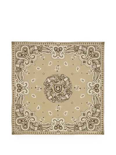 Ferragamo Arabesque Square Foulard In Cotton And Silk With Bandana Print In Gray