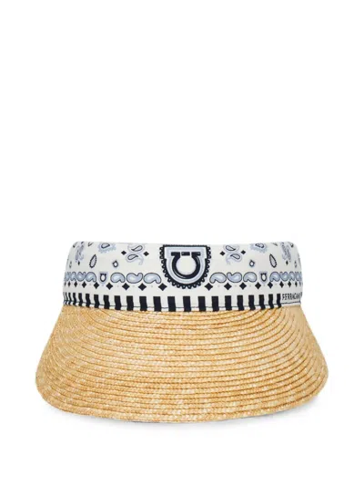 Ferragamo Arabesque Print Straw Visor In Transparent