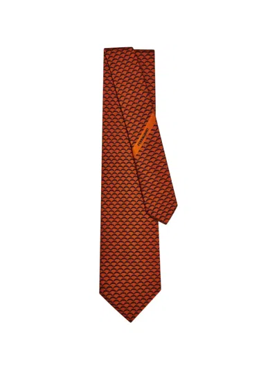 Ferragamo Archi Print Silk Tie In Brown