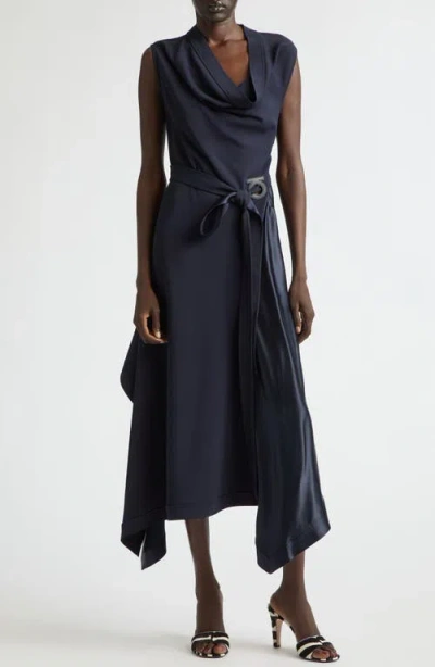 Ferragamo Asymmetric Cady & Satin Maxi Dress In Blue