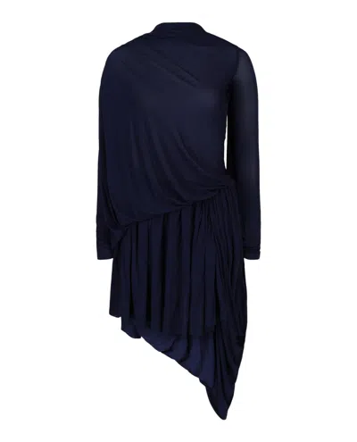 Ferragamo Asymmetric Ruched Mini Cape Dress In Blue