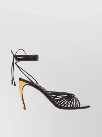 Ferragamo Atena Leather Sandals Gold-tone Heel In Black