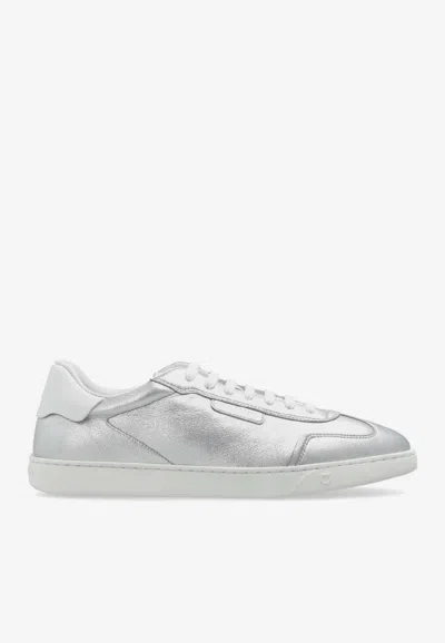 Ferragamo Athena Laminated Leather Sneakers In Silver