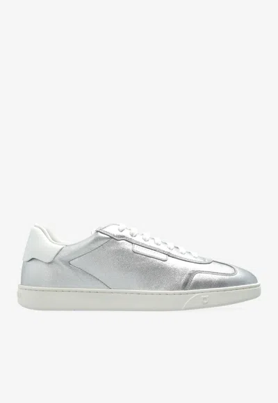 Ferragamo Athena Metallic Leather Sneakers In Silver
