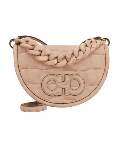 Ferragamo Aura Crocodile-effect Shoulder Bag In Nude