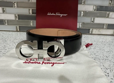 Pre-owned Ferragamo Authentic Black Leather Salvatore  Belt Silver Double Gancini Buckle