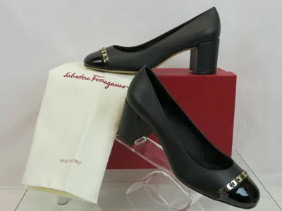 Pre-owned Ferragamo Avella Black Leather Gold Gancini Chain Patent Cap Toe Pumps 11 B