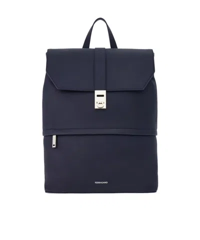Ferragamo Backpack With Gancini Buckle In Blue