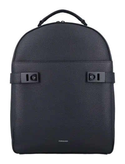 Ferragamo Double Zip Leather Backpack In Black