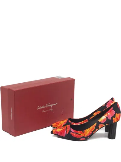 Pre-owned Ferragamo Badia Floral-print Pumps In Black