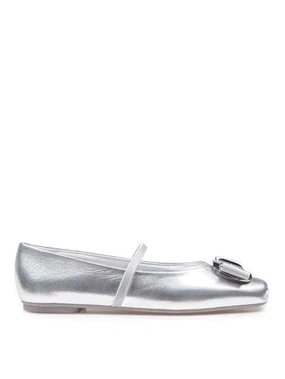 Ferragamo Zina Metallic Bow Mary Jane Ballerina Flats In Silver
