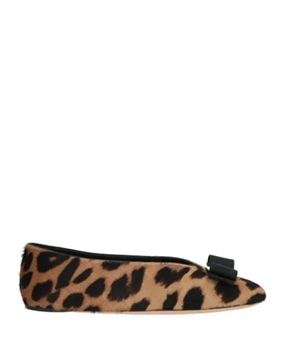 Ferragamo Ballerina Woman Ballet Flats Beige Size 5.5 Calfskin In Brown