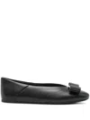 Ferragamo Leather Round Toe Ballerina Shoes With Bow Detail In Black