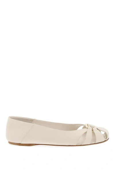 Ferragamo Gancini Ornament Flat Ballerina Shoes In White