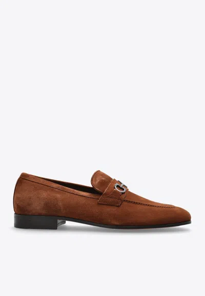 Ferragamo Balty Gancini Buckle Suede Loafers In Brown