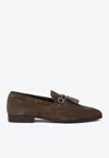 Ferragamo Almond Toe Suede Finish Tassel Loafers In Brown