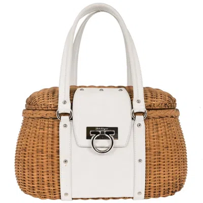 Pre-owned Ferragamo Basket Gancini Handbag Leather And Wicker Leather Handbag () In White