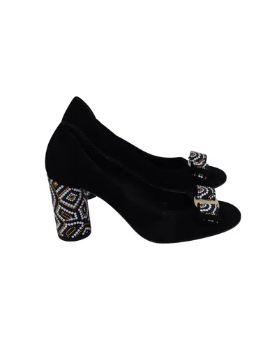 Ferragamo Beaded Heel Vara Bow Pumps In Black Suede