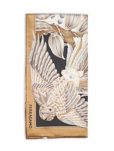 Ferragamo Beige And Black Parrots-print Silk Scarf In Brown