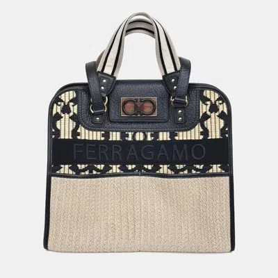 Pre-owned Ferragamo Beige Black Leather And Raffia Tote And Shoulder Bag In Sand