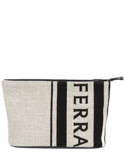 Pre-owned Ferragamo Beige, Black Leather, Cotton Pouch (authentic Pre-loved)