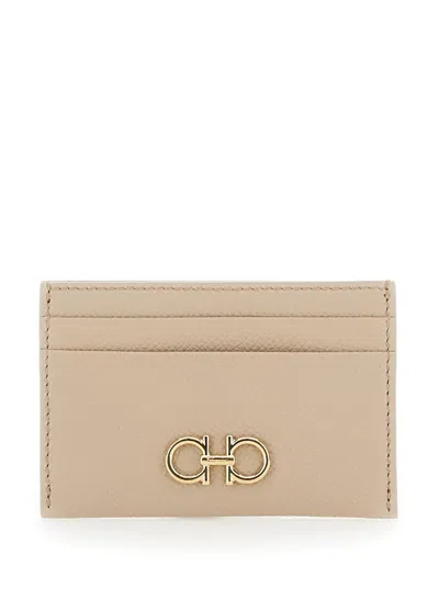 Ferragamo Beige Card-holder With Gancini Detail In Hammered Leather Woman