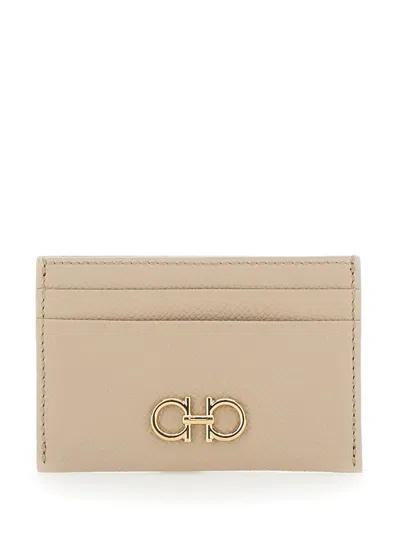 Ferragamo Beige Card-holder With Gancini Detail In Hammered Leather Woman In Neutral