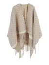 Ferragamo Beige Crewneck Cape With Fringed Hem And All-over Gancini Embroidery In Wool Woman In Nude