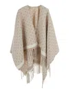 Ferragamo Beige Crewneck Cape With Fringed Hem And All-over Gancini Embroidery In Wool Woman In Gold