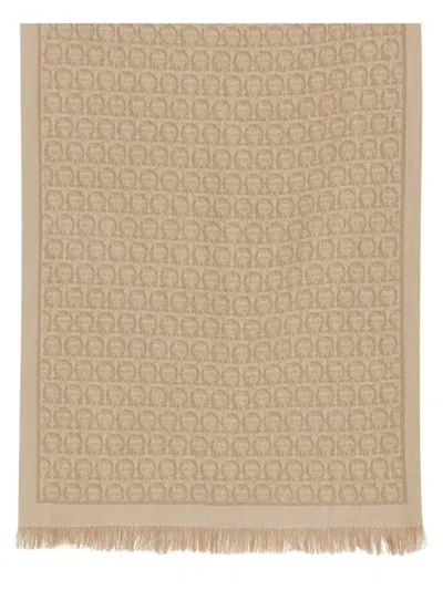Ferragamo Beige Gancini Logo Scarf In Multi