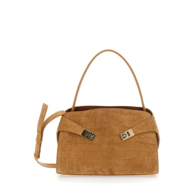 Ferragamo Beige Ginevra Shoulder Bag With Adjustable Strap And Crocodile-embossed Effect In Suede For Women Go
