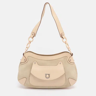 Pre-owned Ferragamo Beige Leather And Suede Gancini Shoulder Bag In Sand
