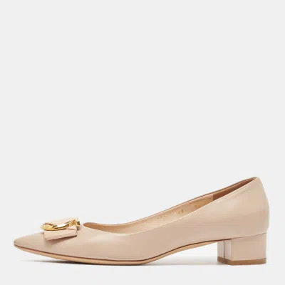 Pre-owned Ferragamo Beige Leather Bow Pointed Toe Pumps Size 40