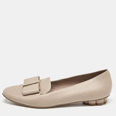 Pre-owned Ferragamo Beige Leather Bow Smoking Slippers Size 37