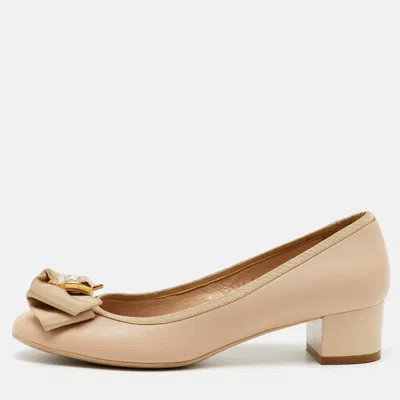 Pre-owned Ferragamo Beige Leather Crystal Bow Block Heel Pumps Size 37