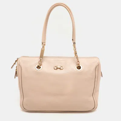 Pre-owned Ferragamo Beige Leather Double Gancio Bag In Sand