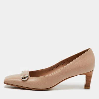 Pre-owned Ferragamo Beige Leather Gancini Square Toe Pumps Size 37 In Sand