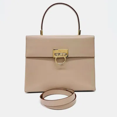 Pre-owned Ferragamo Beige Leather Gancini Tote And Shoulder Bag In Sand