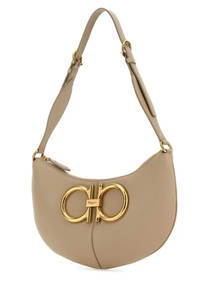 Ferragamo Beige Leather Maxi Gancio Shoulder Bag In Daino