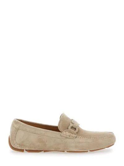 FERRAGAMO BEIGE LOAFERS WITH GANICINI PLAQUE ON THE FRONT