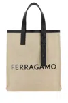 Ferragamo Canvas Tote Bag With Logo In Beige