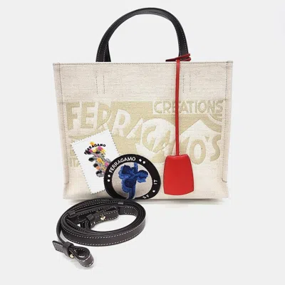 Pre-owned Ferragamo Beige Multicolor Canvas Shoulder Bag In Sand