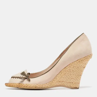 Pre-owned Ferragamo Beige Nubuck Leather Peep Toe Espadrille Wedge Pumps Size 38.5