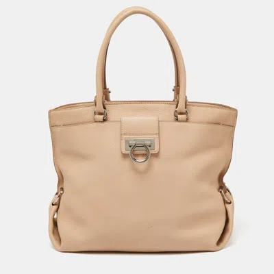 Ferragamo Beige Pebbled Leather Dotty Tote In Brown