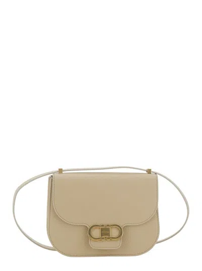 Ferragamo Beige Shoulder Bag With Metal Gancini Detail On The Front In Hammered Leather Woman In White