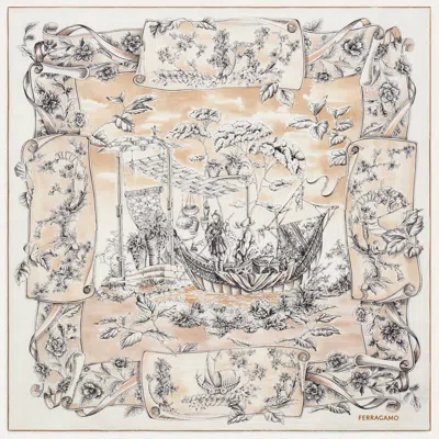 Ferragamo Beige Voyage Print Silk Scarf In Green